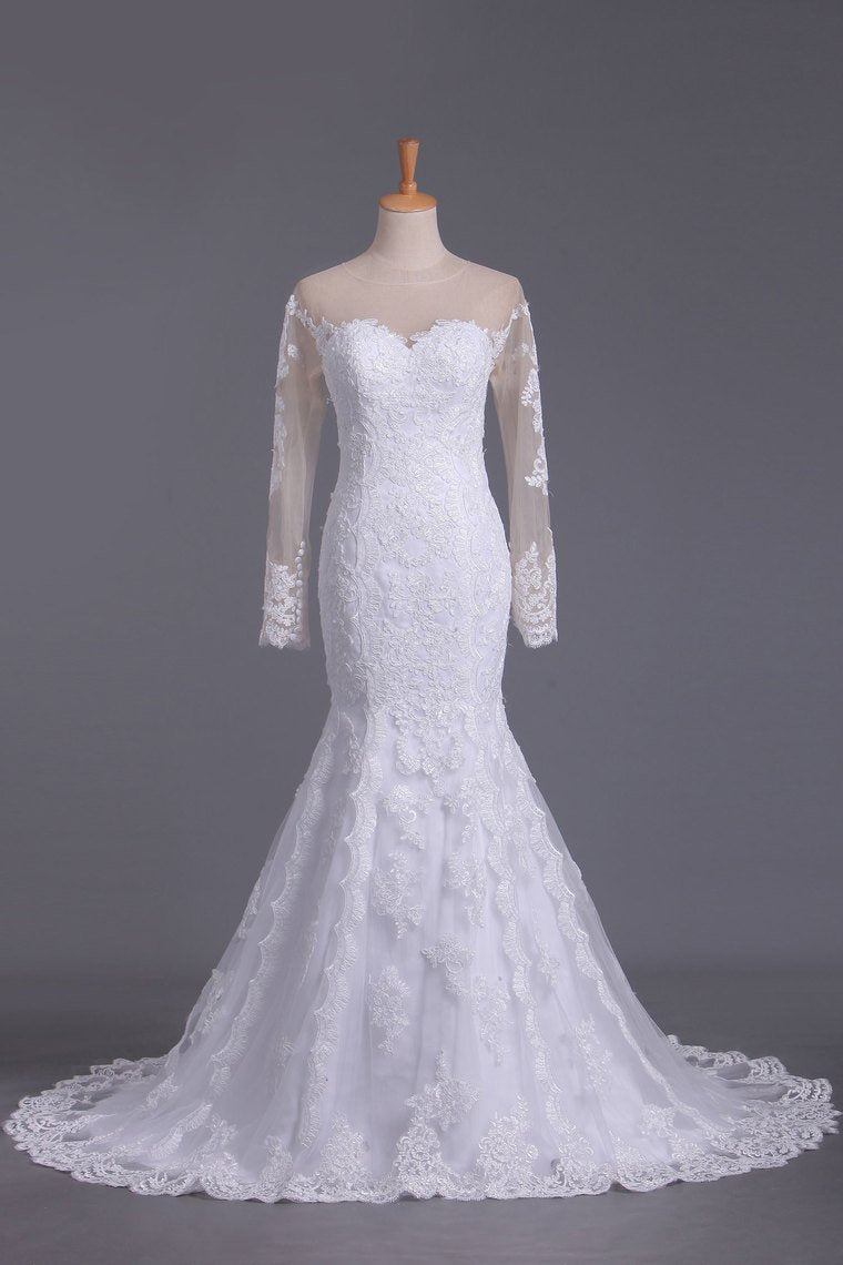 Wedding Dresses Mermaid Scoop Long Sleeves Tulle With Applique Court Train