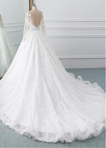 A Line Wedding Dresses Long Sleeves With Applique Tulle Covered Button Sweep Train