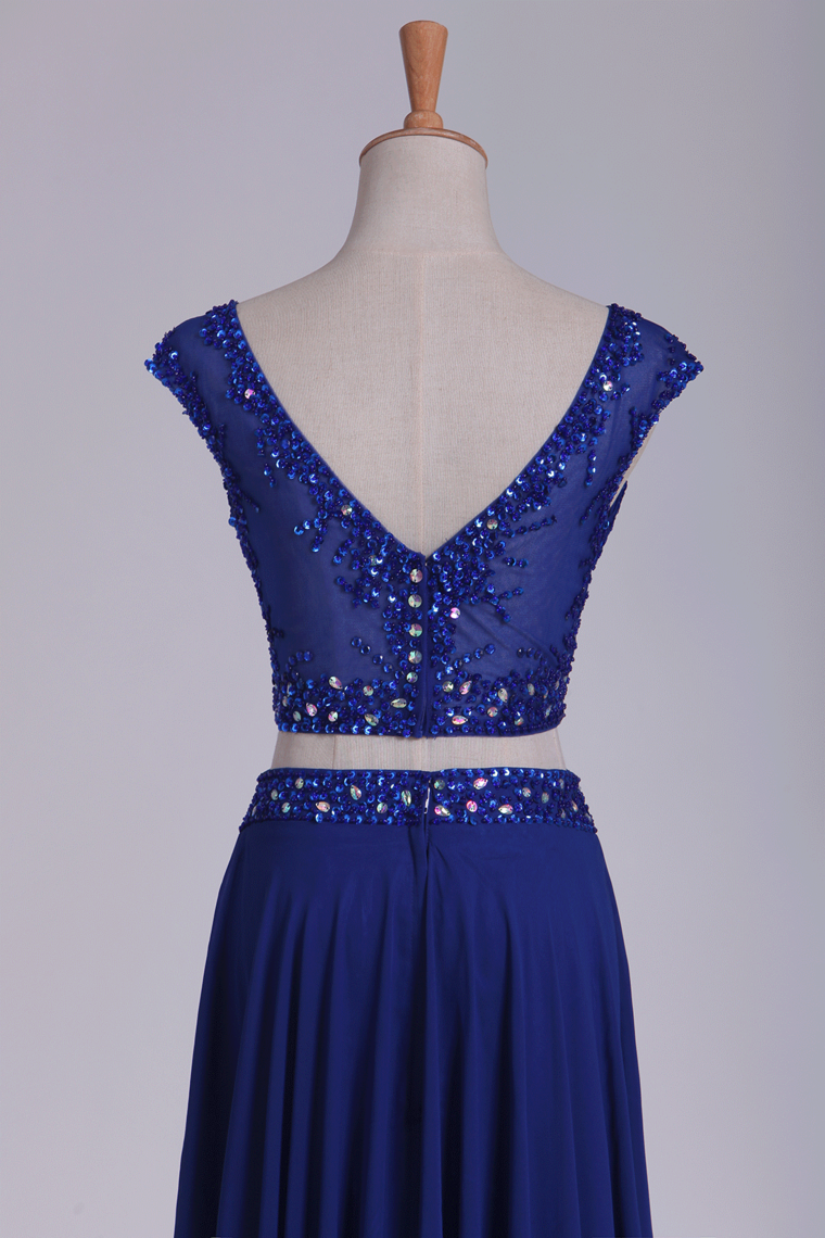 Two Pieces Scoop With Beading Prom Dresses A Line Floor Length Dark Royal Blue