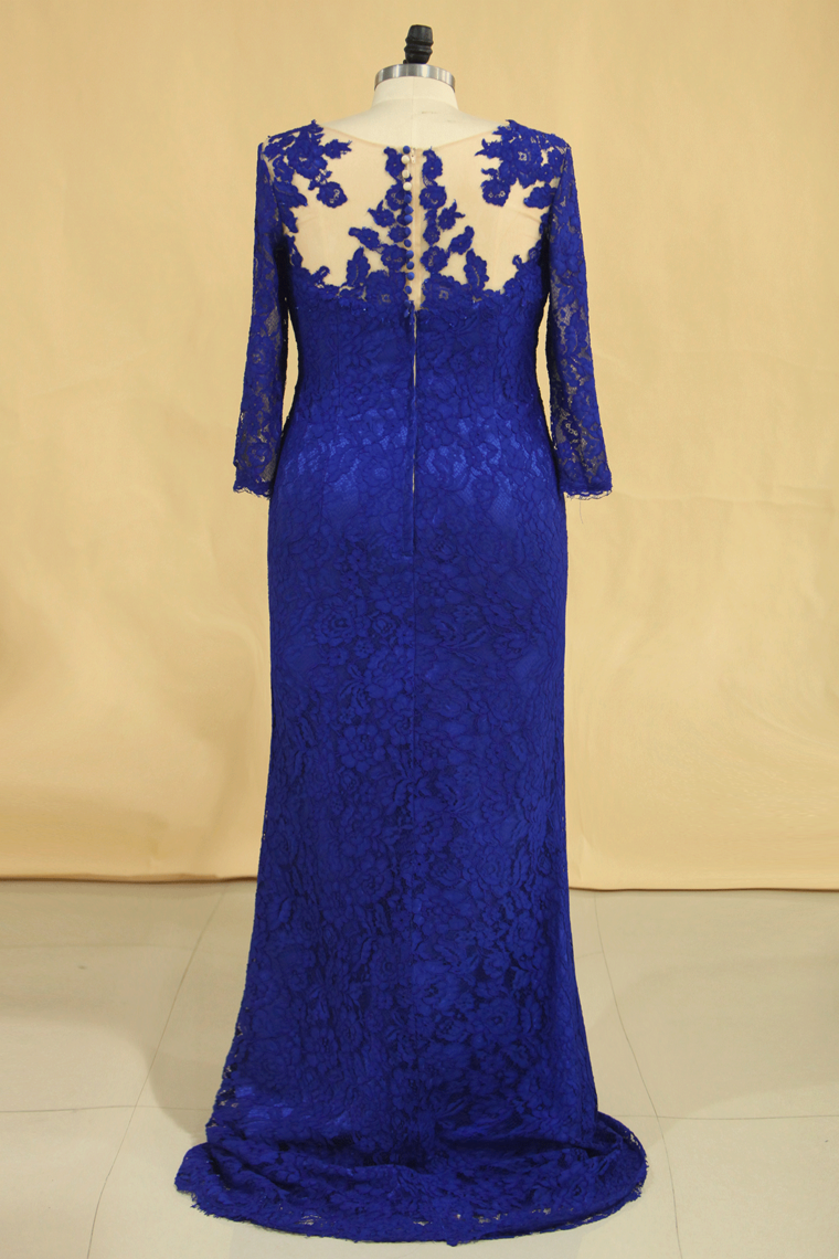 Plus Size Mother Of The Bride Dresses Scoop 3/4 Length Sleeve Lace With Applique Dark Royal Blue