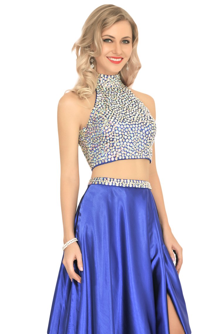 Prom Dresses A Line Two Pieces With Rhinestones Stretch Satin