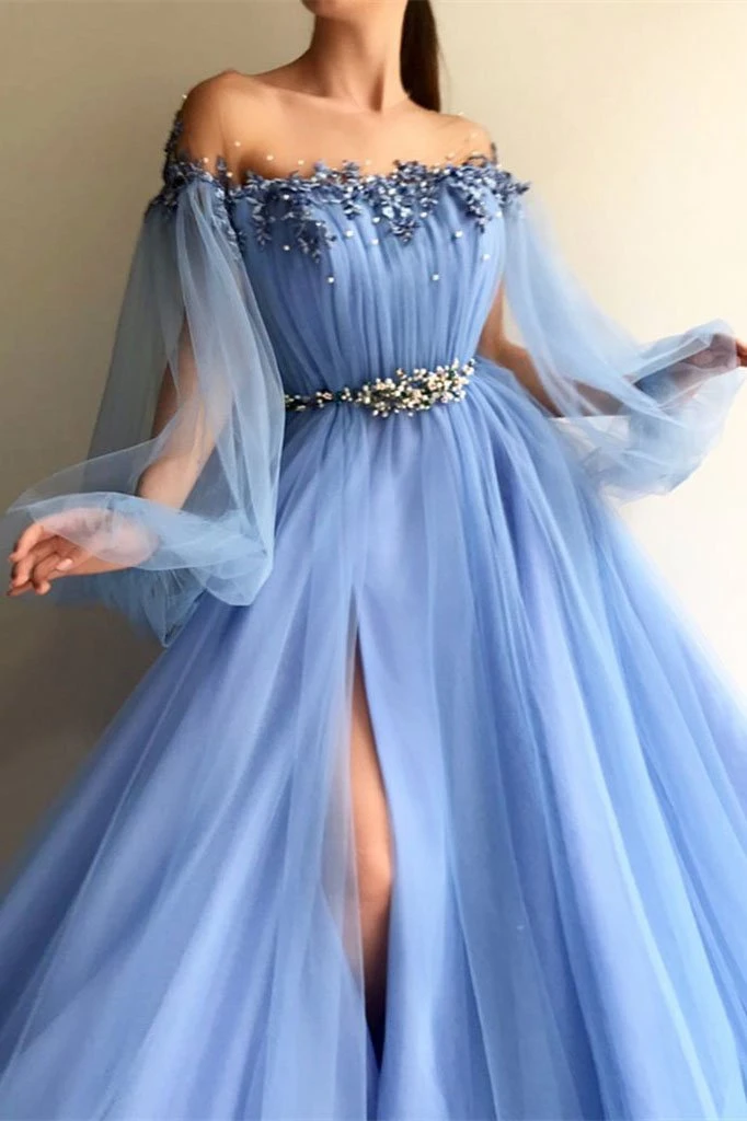 Elegant Blue Long Sleeves Off the Shoulder Beaded Crystal Side Slit Prom Dresses