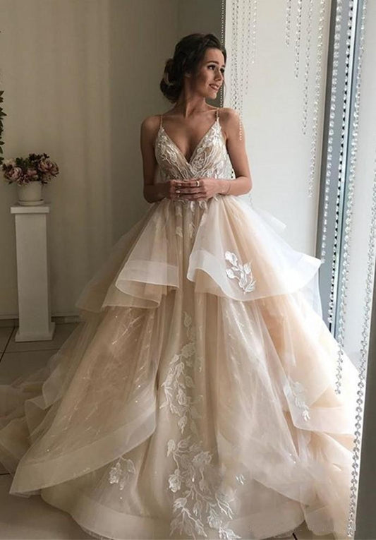 Spaghetti Straps V Neck Wedding Dresses with Layer, Sleeveless Wedding Gowns SJS15424