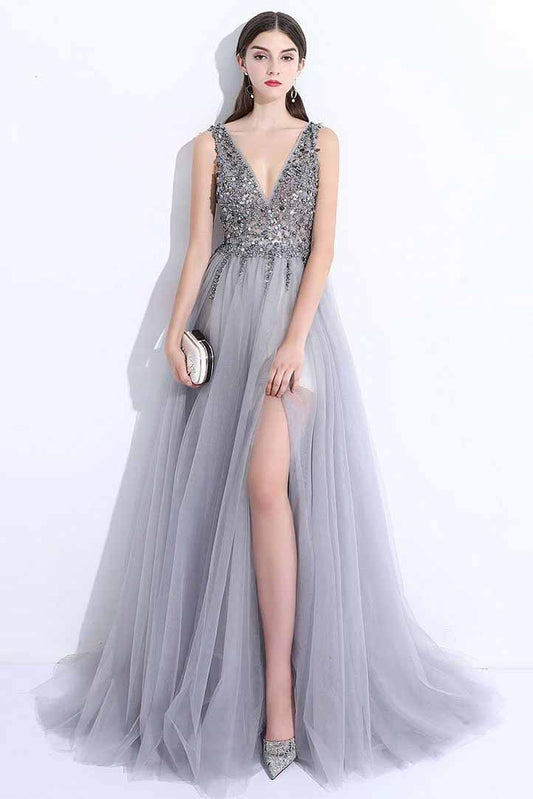 2024 New A-Line V-Neck Grey Tulle Beaded Long Sleeveless Backless Prom Dresses with SRS10086