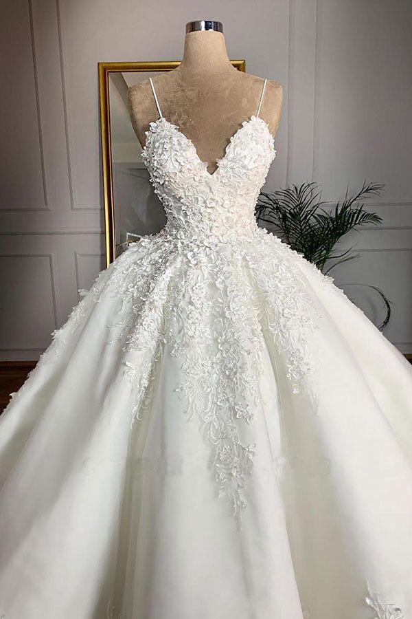 Ball Gown Spaghetti Straps Appliques Satin Wedding Dresses, Quineanera SJS20455