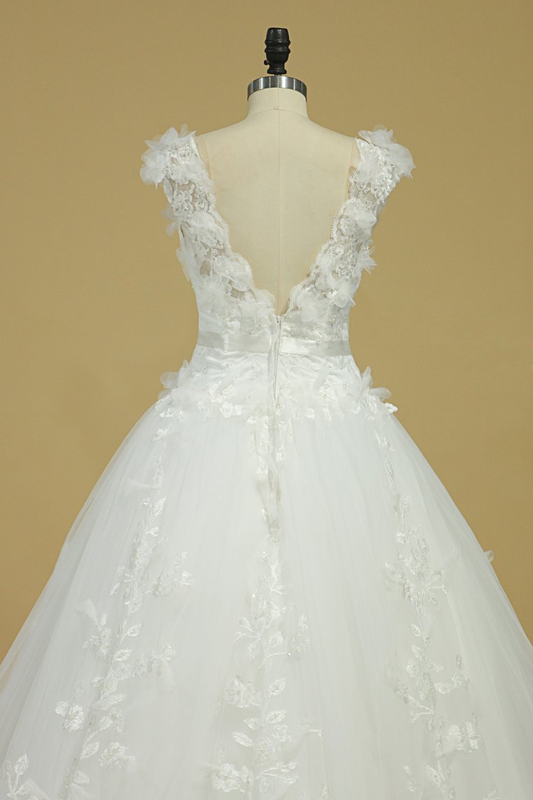 Tulle Wedding Dresses Off The Shoulder With Applique Sweep Train A Line