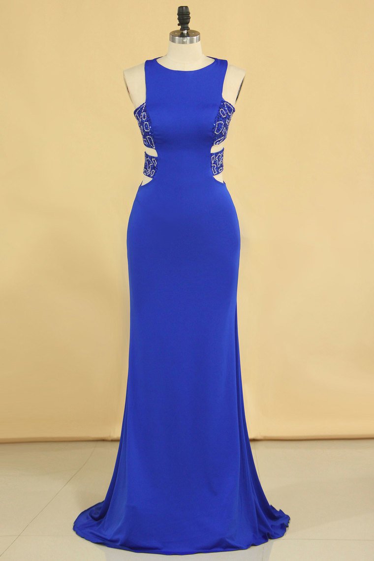 2024 Plus Size New Arrival Scoop Prom Dresses Dark Royal Blue Mermaid Spandex With Beading Sweep Train