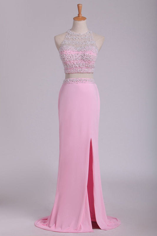 Two Pieces Column Scoop Prom Dresses With Beads And Pearls Spandex & Tulle