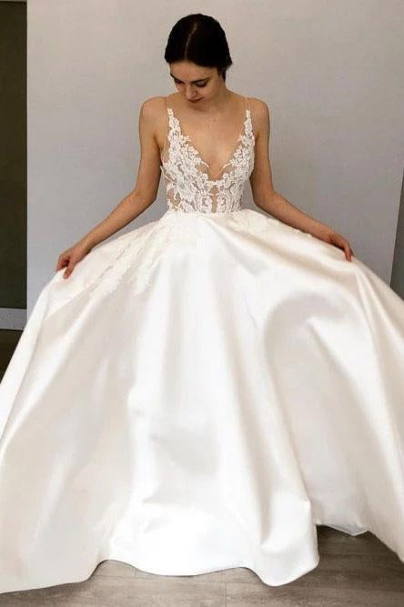 Simple A-Line Deep V Neck Satin Ivory Wedding Dress with Lace Appliques SJS15387