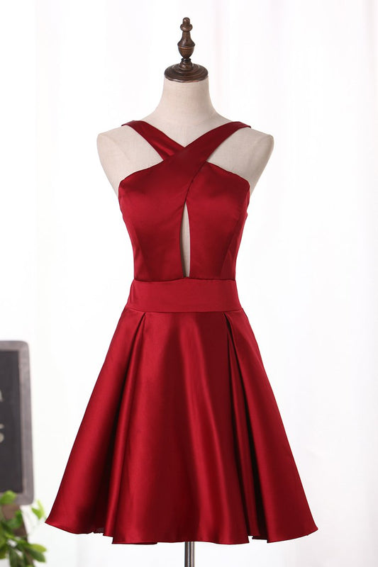 2024 Open Back Cocktail Dresses V Neck A Line Satin Short/Mini