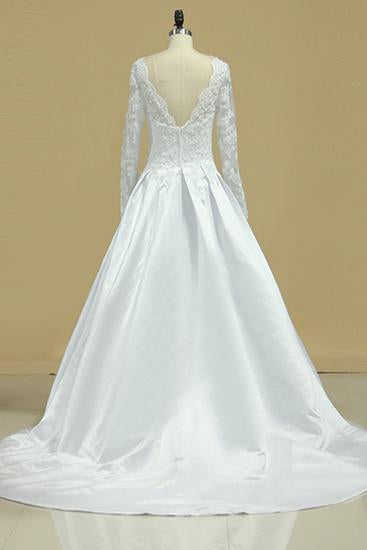 A Line Long Sleeves White Lace Appliques Satin Beads Open Back Wedding Dresses JS815