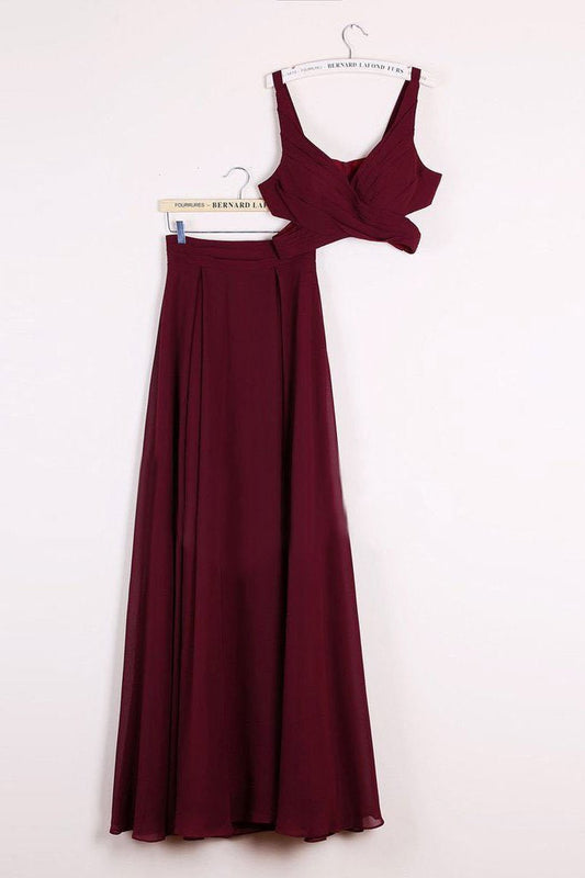 Elegant Two Pieces A-line V Neck Floor-length Burgundy Chiffon Cheap Prom Dresses