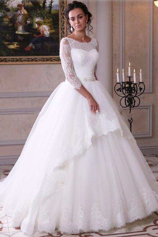 Ball Gown Lace Tulle 3/4 Sleeves Scoop White Lace up Wedding Gowns Wedding Dresses JS309