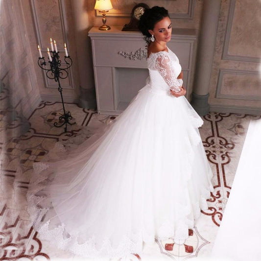 Ball Gown Lace Tulle 3/4 Sleeves Scoop White Lace up Wedding Gowns Wedding Dresses JS309