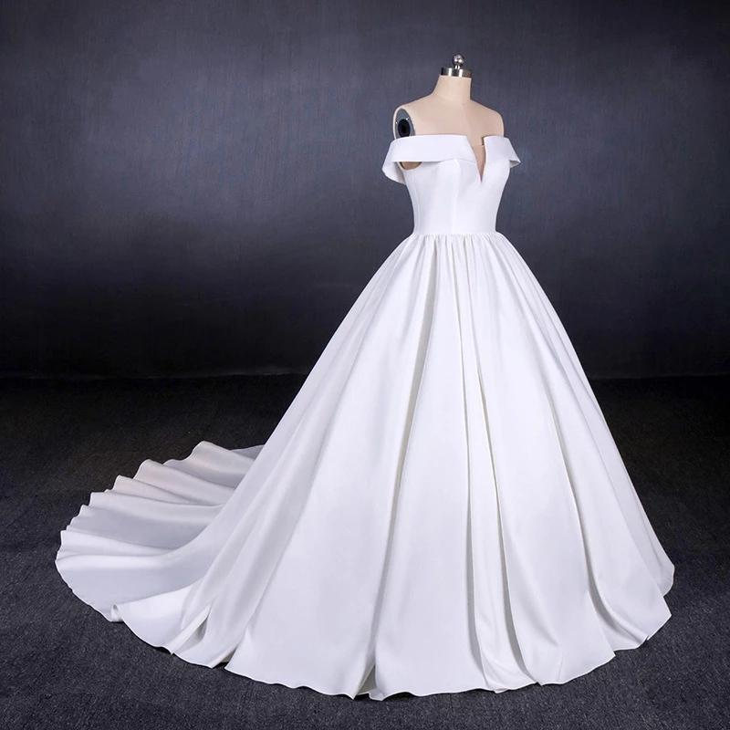 Ball Gown Off the Shoulder White Satin Wedding Dresses, Simple Cheap Wedding Gowns SJS15065