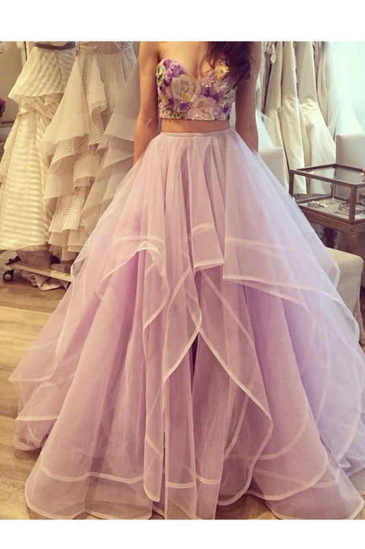 Two Pieces Sweetheart Prom Dresses Tulle With Embroidery