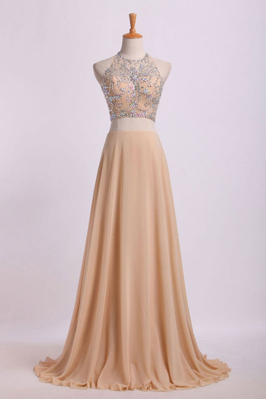 Sexy Prom Dresses Halter Two Pieces A Line With Flowing Chiffon Skirt Beaded