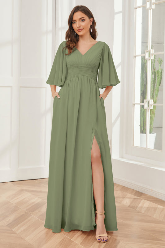 Half Sleeves V-neck Chiffon Bridesmaid Dresses