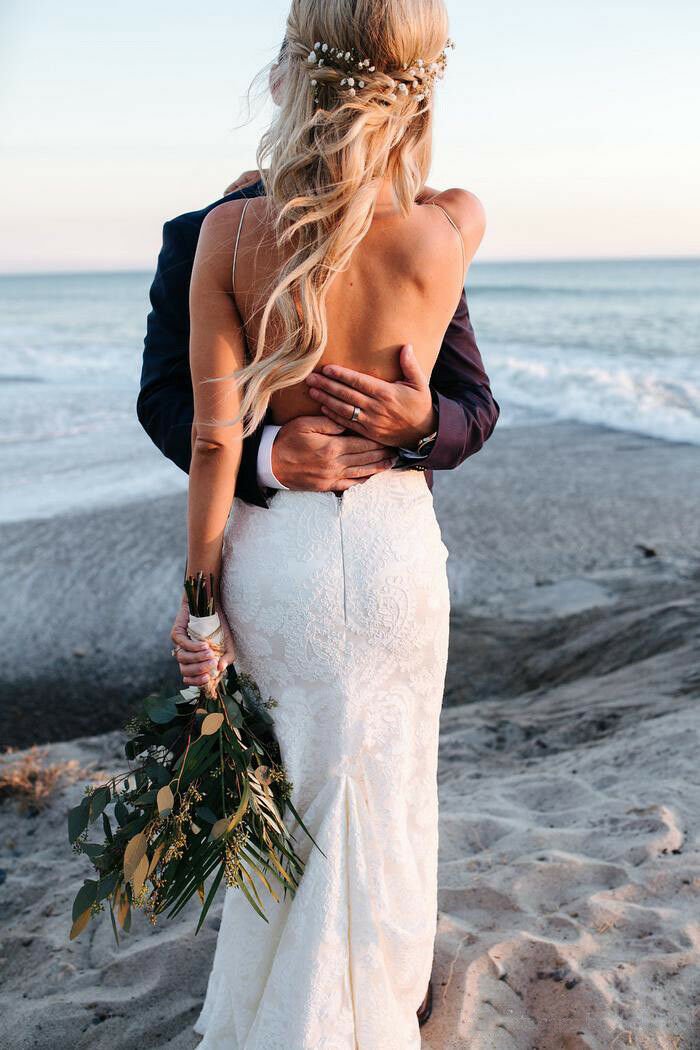 Spaghetti Straps V Neck Lace Wedding Dresses, Backless Mermaid Beach Wedding Gowns SJS15423