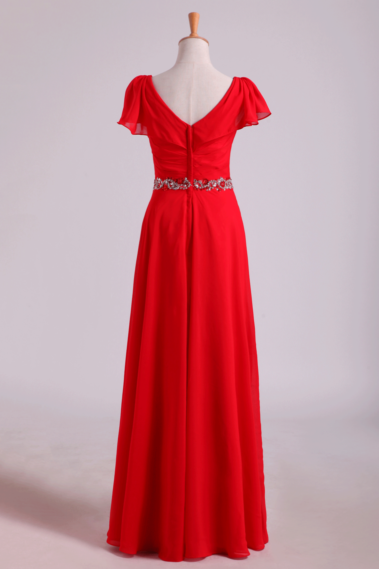 Mother Of The Bride Dresses V-Neck Floor-Length Chiffon With Beading Waist Line