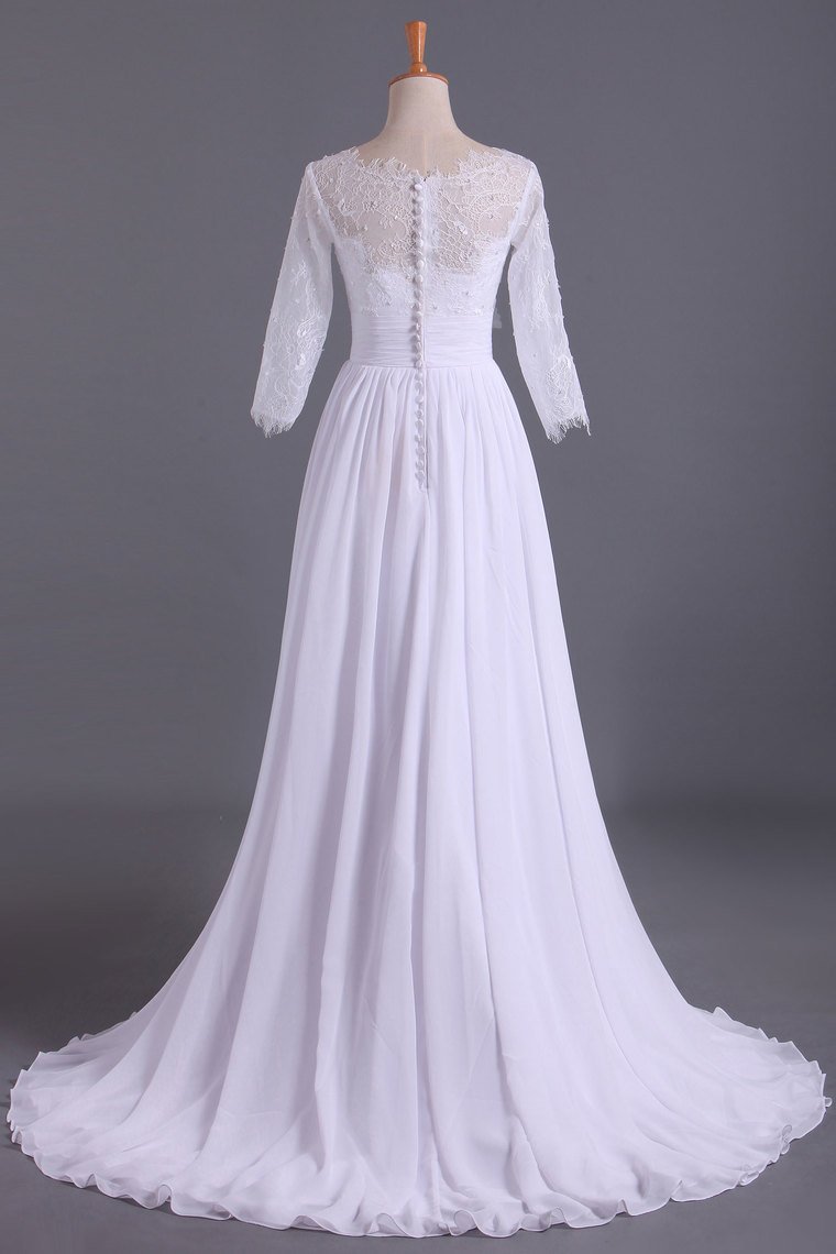 Bateau 3/4 Length Sleeve A Line Wedding Dresses Chiffon With Applique & Handmade Flower