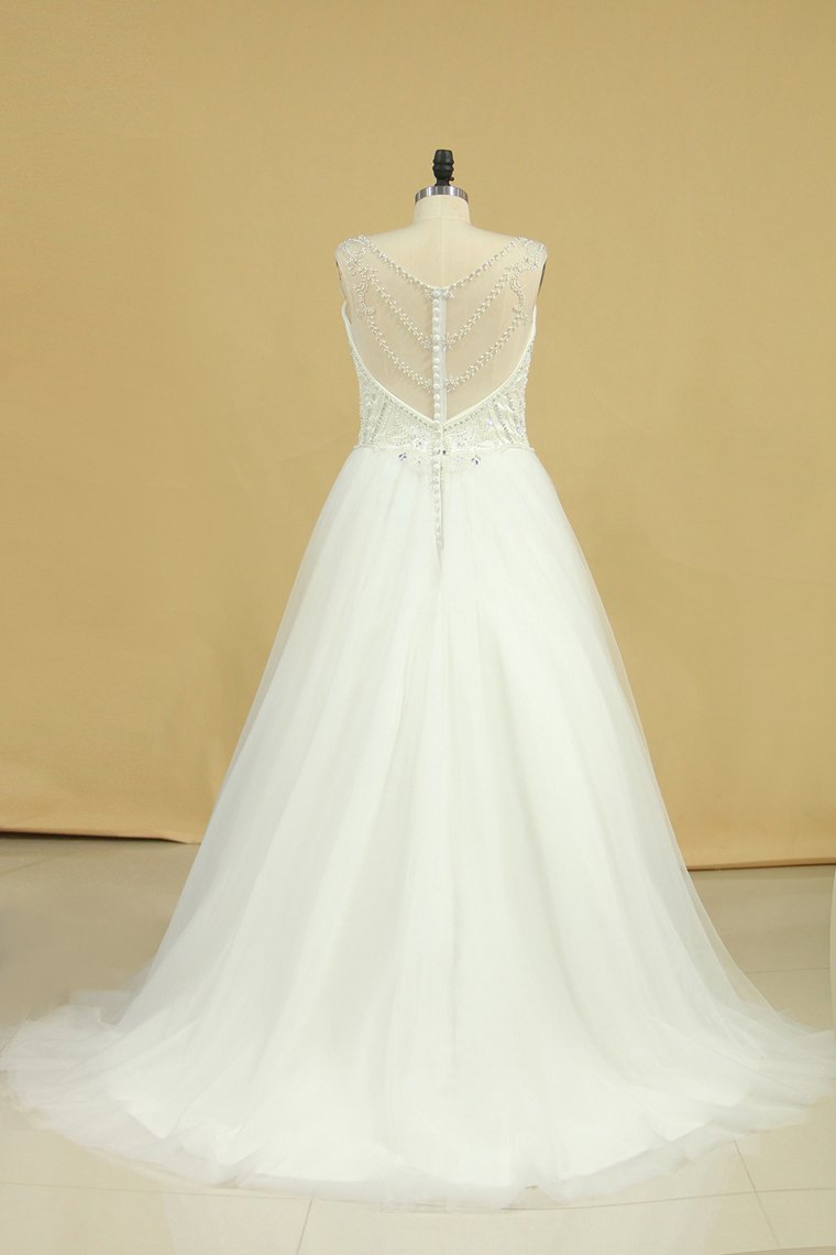 Plus Size A Line Straps Wedding Dresses Tulle With Beading Chapel Train