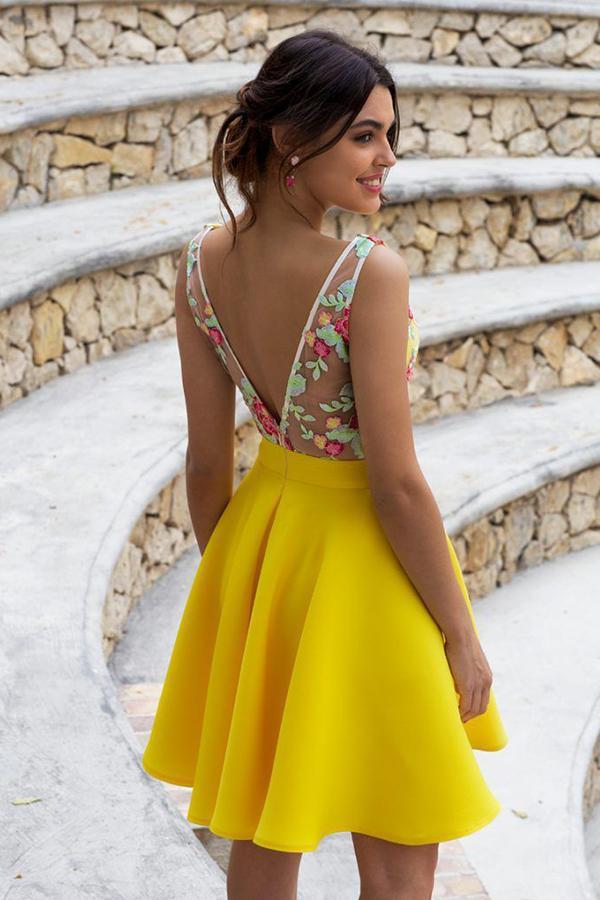 Yellow Floral Satin Illusion Back Daffodil V Neck Homecoming Dresses Short Cocktail Dresses SRS14985