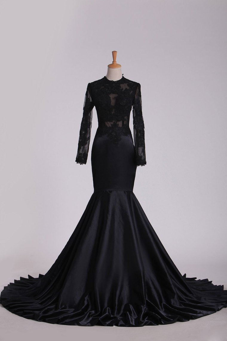 2024 Evening Dresses Scoop Long Sleeve With Applique Mermaid Elastic Satin