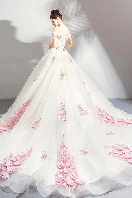 Unique Off The Shoulder Tulle Wedding Dress With Pink Flowers Ball Gown Wedding SJSPQ4NB2CL