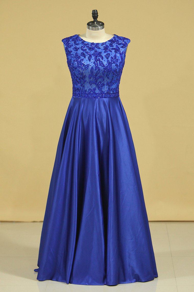 Plus Size A Line Prom Dresses Scoop Dark Royal Blue Satin Cap Sleeves Floor-Length