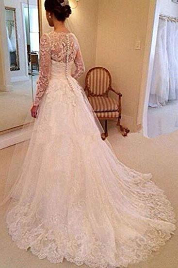 A-Line Lace Appliques V Neck Tulle Long Sleeve Ivory Covered Buttons Wedding Dresses JS327