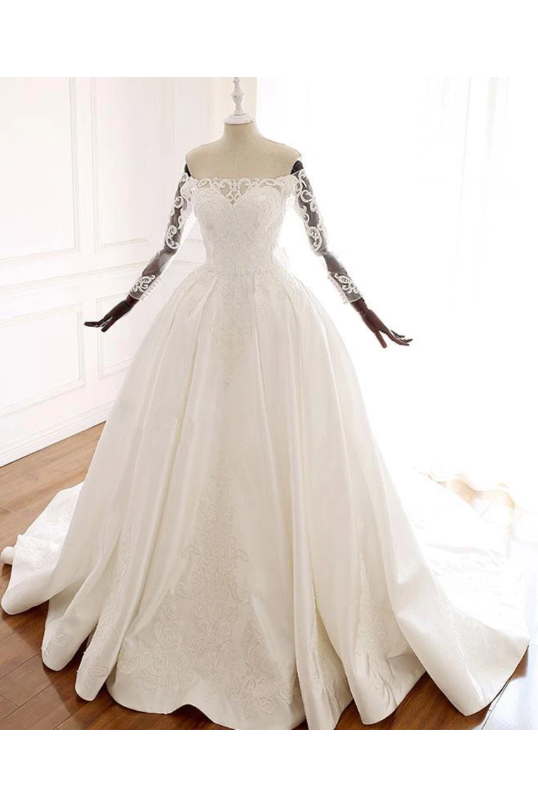 Ball Gown Long Sleeves Wedding Dress With Appliques Satin Bridal SJSP1JNP34P