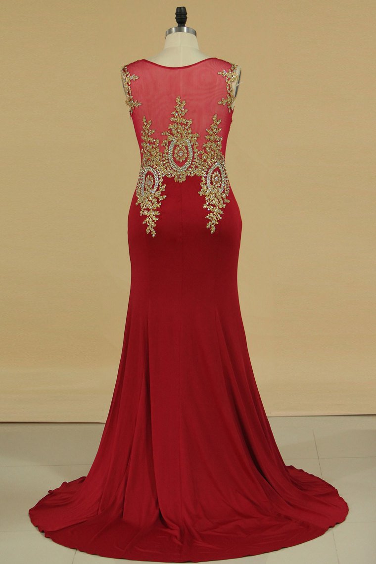 2024 Plus Size Prom Dresses Scoop Mermaid Spandex With Applique Sleeveless Burgundy/Maroon