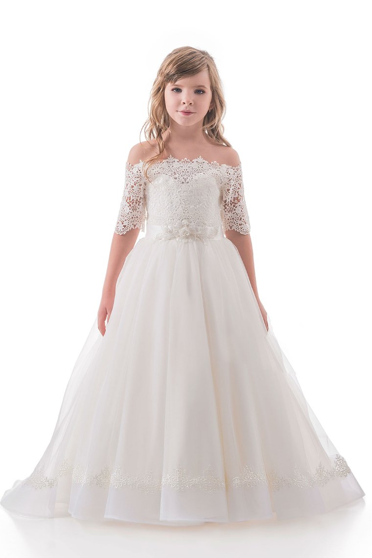 Boat Neck Mid-Length Sleeves A Line Tulle With Applique Flower Girl Dresses