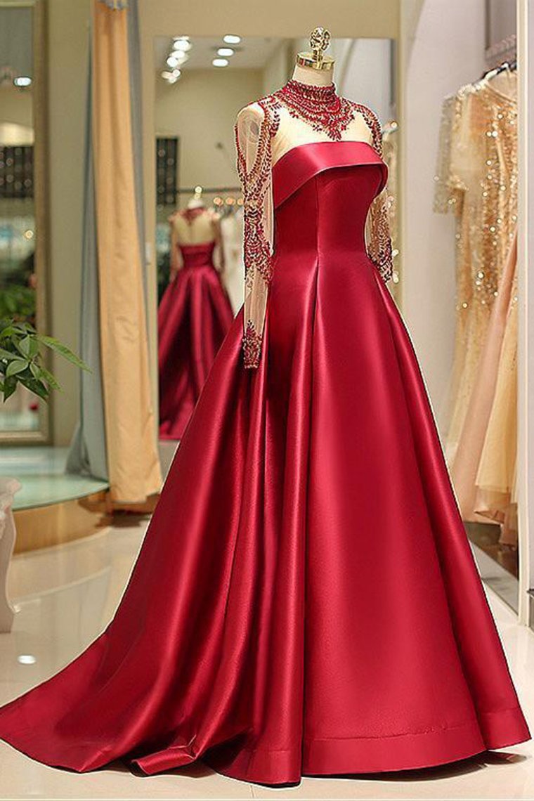 2024 Long Sleeve Prom Dresses High Neck Burgundy Long Prom Dress Satin Evening Dress