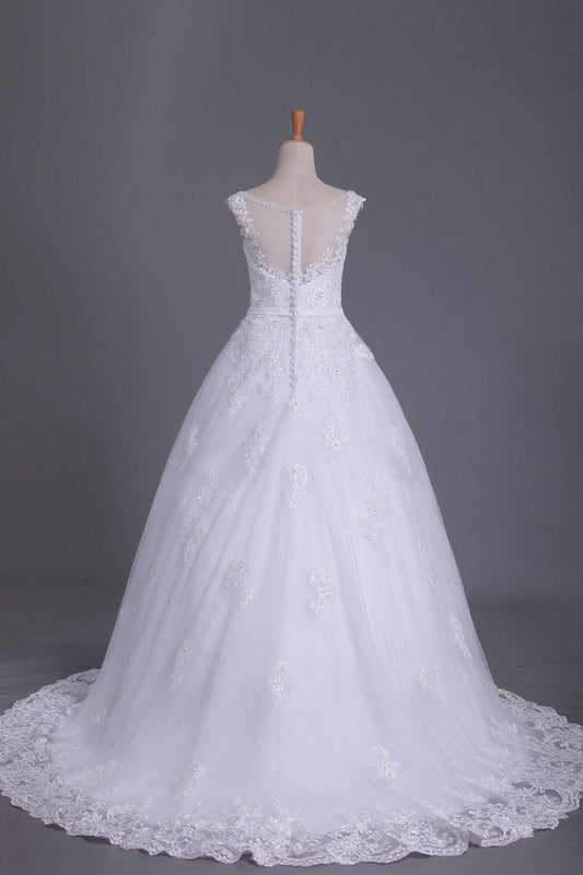 A Line Cap Sleeve Scoop Tulle Wedding Dresses With Applique And Sash