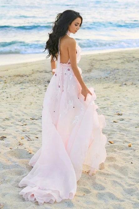 Boho Halter Backless Light Pink Chiffon Beach Wedding Dresses with Appliques Ruffles SJS15082