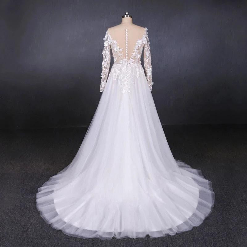 Long Sleeves White A-line Tulle Beach Wedding Dresses with Lace Appliques, Bridal Dress SJS15255