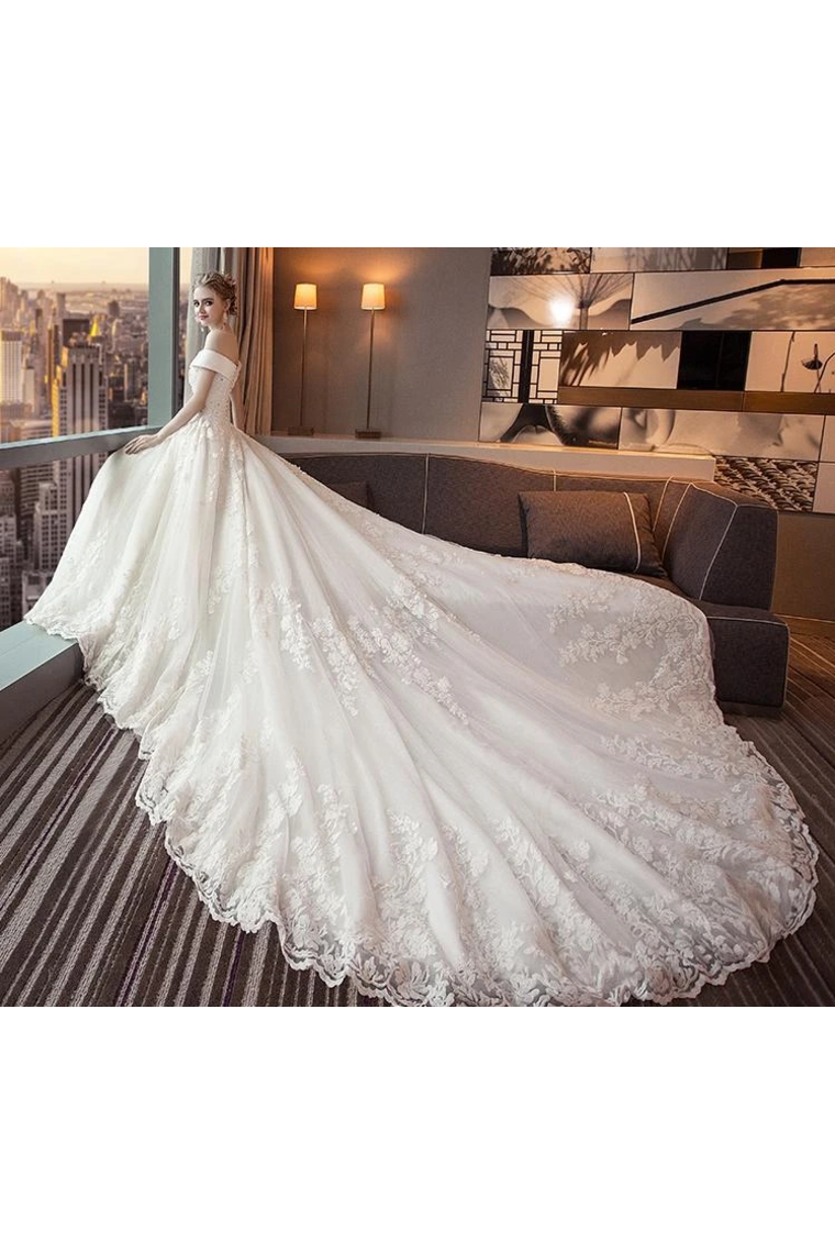 Gorgeous Off The Shoulder Lace Cathedral Train Wedding Dresses Princess Bridal SJSPT58L82L