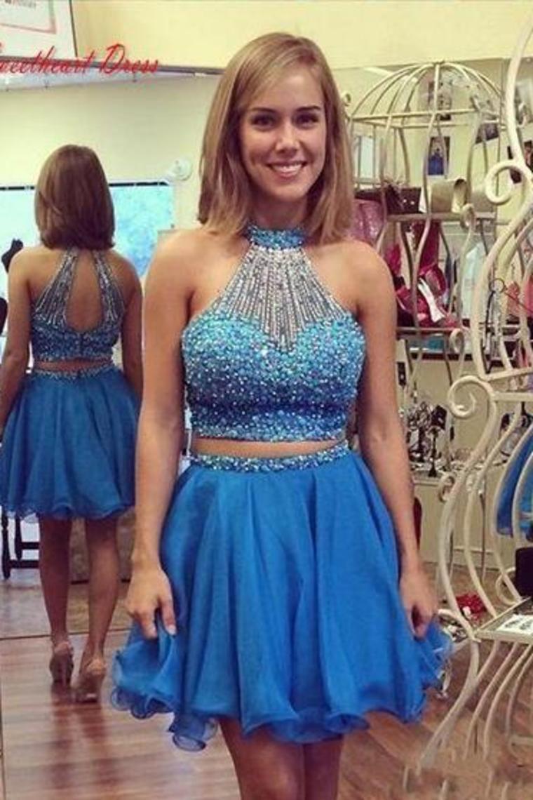 A Line/Princess Halter Homecoming Dresses Chiffon Beaded Bodice Two Pieces