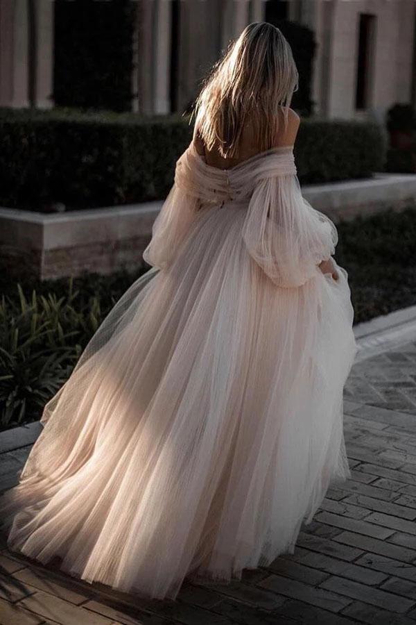 Princess Long Puff Sleeves Off the Shoulder Tulle Wedding Dresses, Beach Wedding Gowns SJS15298