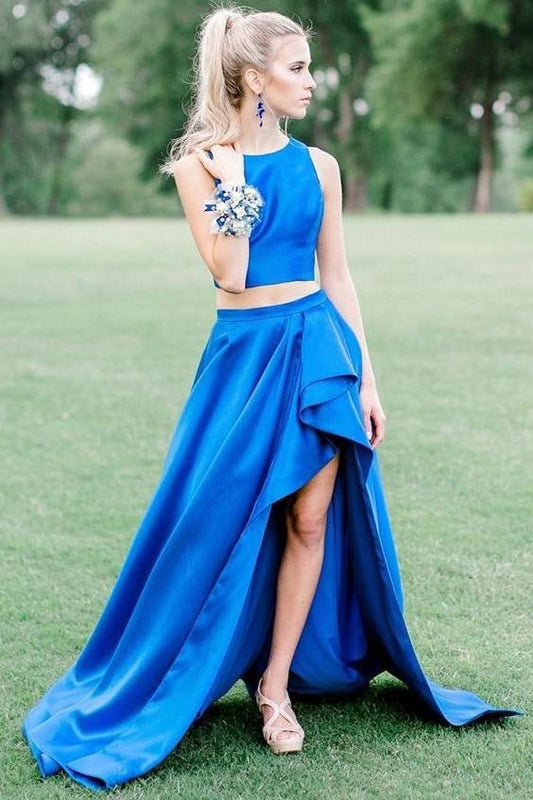 Blue Two Piece Prom Dresses with Asymmetrical Skirt,Formal Dress