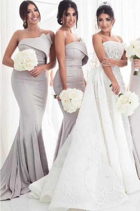 Strapless Silver Mermaid Elegant Long Sleeveless Prom Dresses Bridesmaid Dresses