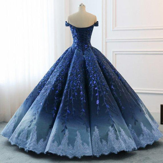 Ball Gown Navy Blue Lace Applique Ombre Off the Shoulder Princess Quinceanera Dresse JS269