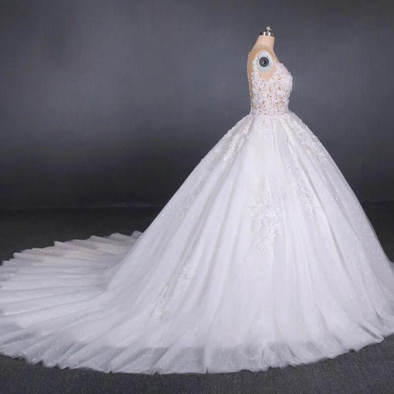 Princess Ball Gown Sheer Neck White Wedding Dresses Lace Appliqued Bridal Dresses SJS15293