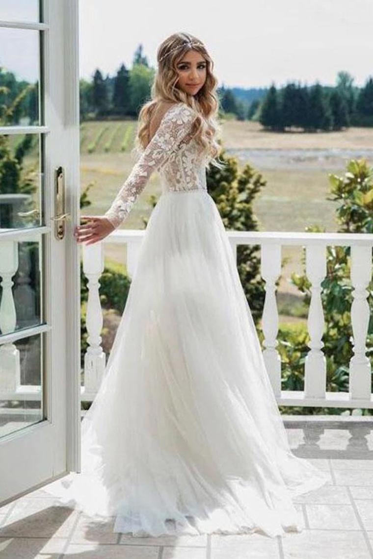 Chic A-Line Long Sleeves Lace Bodice See Through Wedding Dresses Backless Country Wedding SJSPY73AEE8