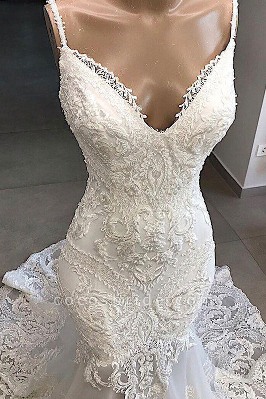 Charming Spaghetti Straps Lace Appliques Tulle Mermaid Wedding SJS20458