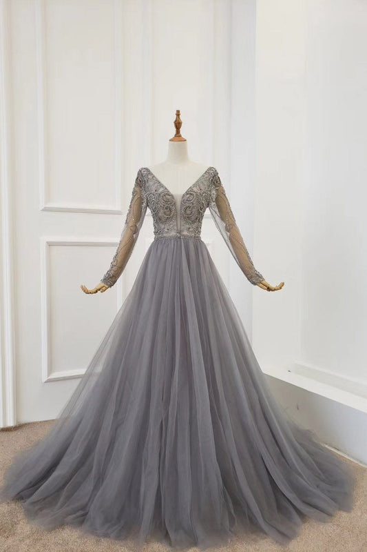 A Line Long Sleeves V Neck Gray Tulle Prom Dresses with Beading, Evening Dress SRS15549