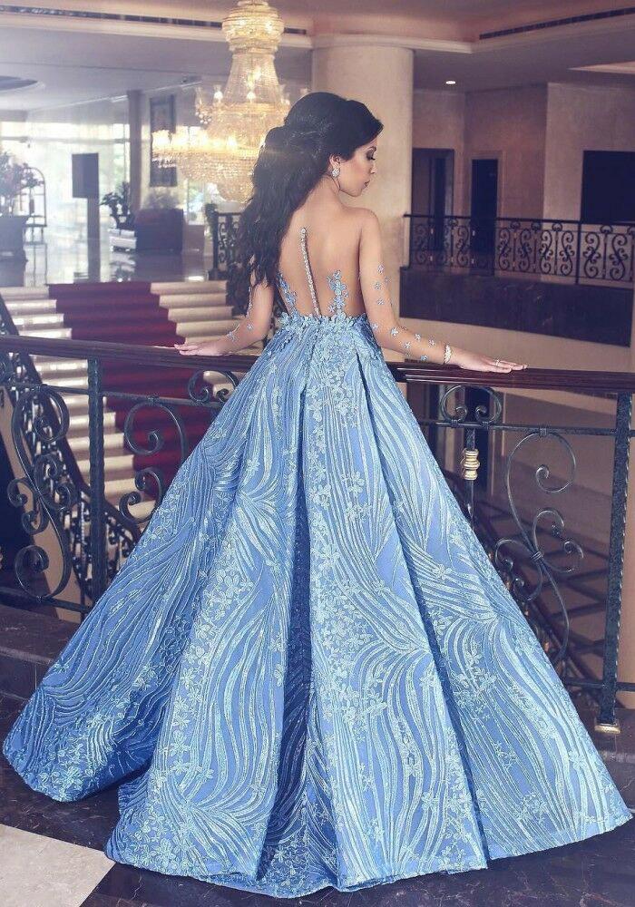 Elegant Blue Long Sleeve Mermaid Appliques Long Prom Dresses, Party Dresses SRS15161