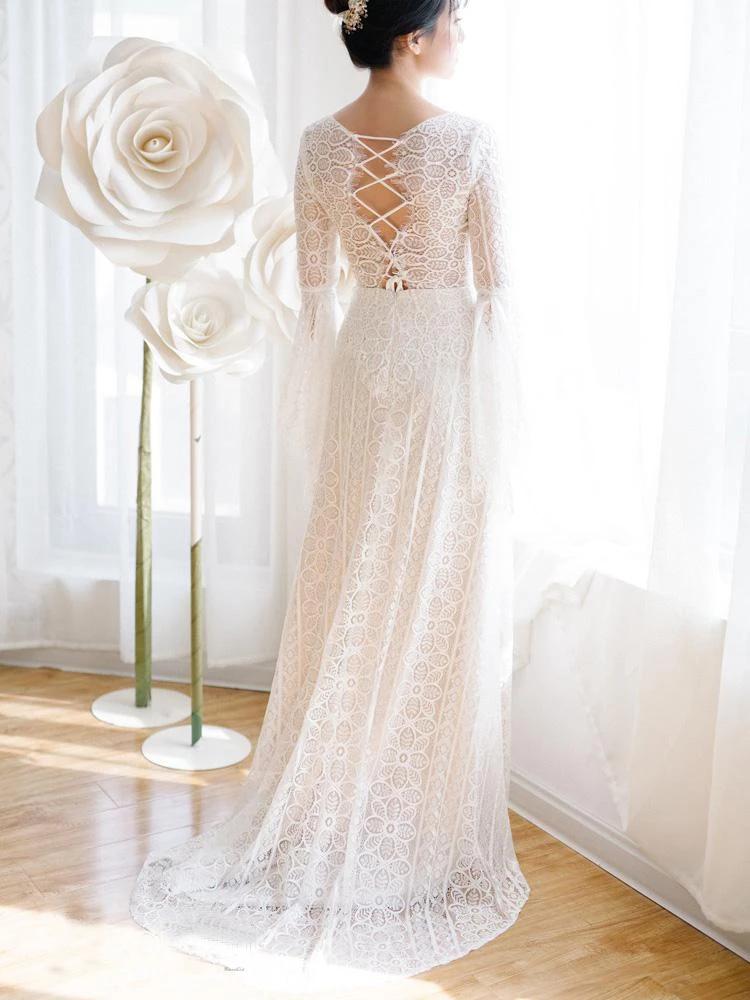 Unique V Neck Lace-up Mermaid Back Bridal Dresses Ivory Lace Trumpet Sleeve Wedding Dresses SJS15469